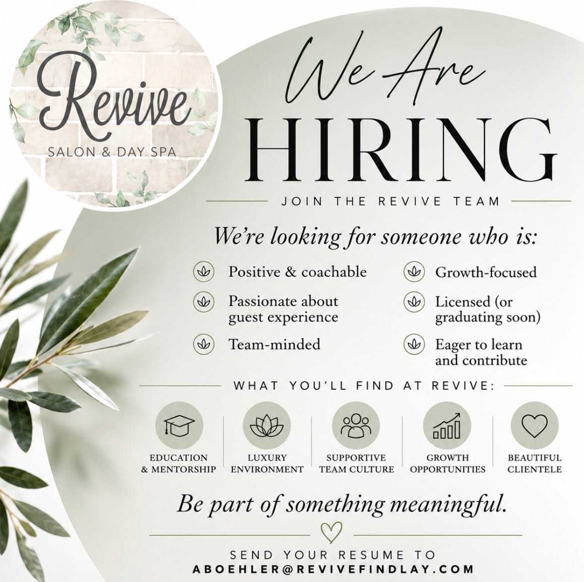 We Are Hiring" poster for Revive Salon & Day Spa detailing job attributes and benefits.