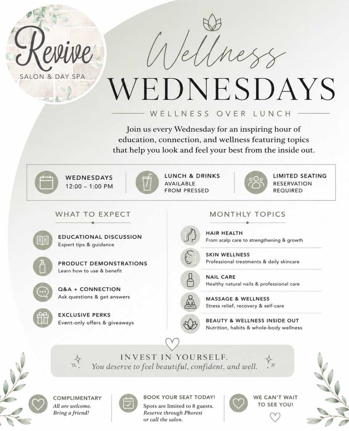 Wellness Wednesdays event flyer for education, lunch, and wellness topics at Revive Salon & Day Spa.